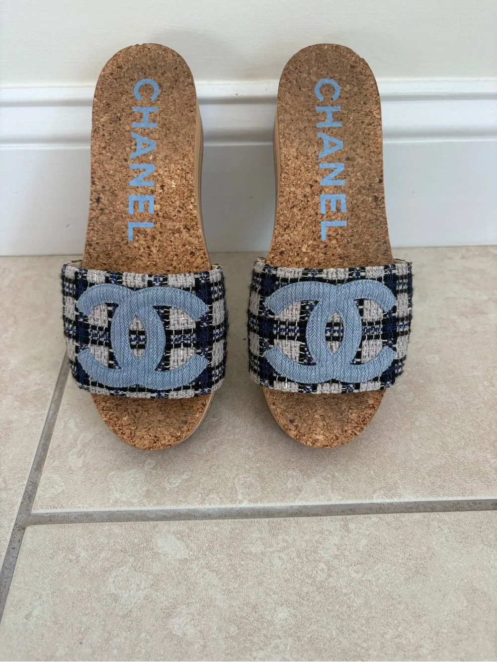 CHANEL Tweed CC Cork Slide Sandals - Light Blue & Black